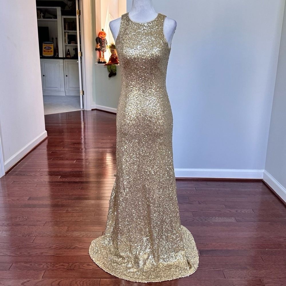 Luxury REVELRY Fully Gold Sequin Gown Formal Dress XS Simple Elegant‎ Feminine